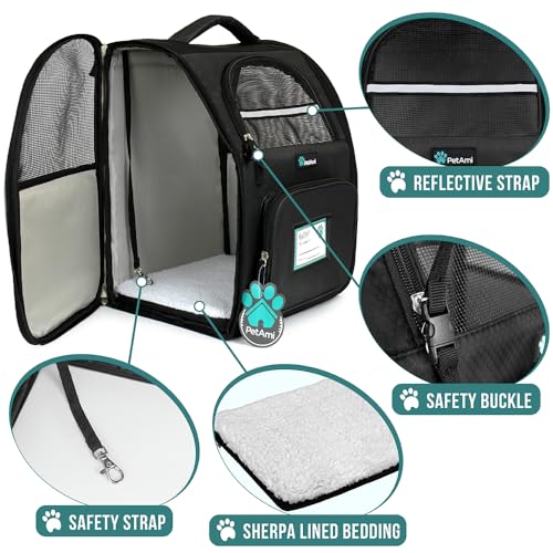 PetAmi Dog Backpack Carrier for Small Medium Dogs Large Cats up to 18 lbs, 2 Side Entry, Structured No-Collapse Frame, Airline Approved Ventilated Pet Backpack for Hiking Camping Travel Vet, Black - color: Black