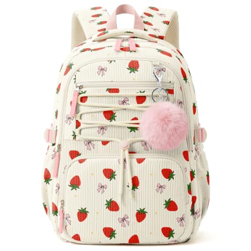 WOBAGMEN Corduroy Backpack for Girl Kids,Cute Aesthetic School Backpack with Multi-Pocket,Lightweight Bookbag Fits 15.6" Laptop,Large Capacity Casual Daypacks for School College,Strawberry Bow - color: Strawberry Bow