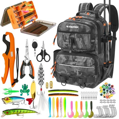 THKFISH Fishing Backpack with Tackle Boxes, 20L Waterproof Tackle Sling Bag with Lures Kit, Fish Lip Gripper, Pliers, Scissors, Fishing Gifts for Men Women - color: Black Camo Fishing Backpack with Tackle Boxes