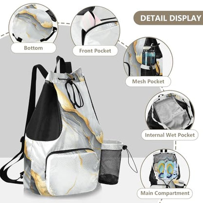 Draw String Back Bag Gym Swim Bag With Inside Pockets Pull String Bag Dry Wet Separation Marble White Grey - color: Color 10