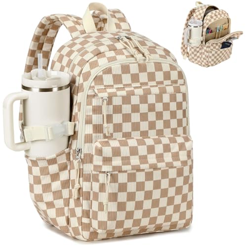 Bluboon School Backpack for Teen Girls Bookbags Elementary High School Corduroy Laptop Bags Women Travel Daypacks - color: Brown White Checkered