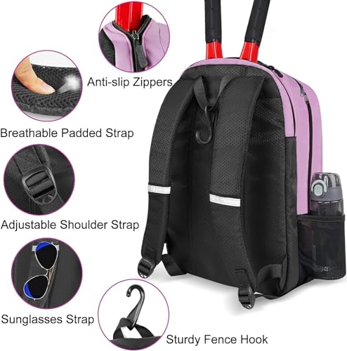 Ytonet Tennis Bag Tennis Backpack for Women Men 2 Rackets with Insulated Pocket Ventilated Shoe Compartment - color: Purple