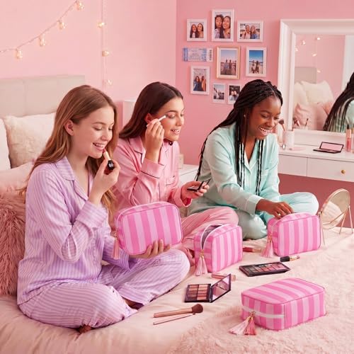 Kacctyen 6 Pack Bright Pink and Candy Pink Striped Makeup Bag bulk with Tassel Travel Cosmetic Pouch Organizer Large Zipper Toiletry Case for Women Aesthetic Storage Pouch Mahjong Tile Bag - color: Bright Pink and Candy Pink