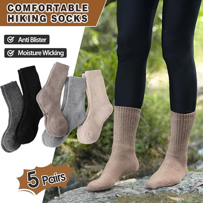 MOGGEI 5 Pairs Womens Merino Wool Socks Hiking Warm Winter Thick Thermal Crew Cozy Cabin Ladies Gift Comfy Boot Work Socks - color: Beige/Light Coffee/Grey/Dark Grey/Black