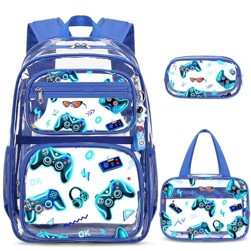 ACESAK Clear Backpack for Boys - 3 Pcs Game Heavy Duty with Lunch Bag - See Through Backpack Clear Bookbag Stadium Approved for Kids Middle High College School Travel (Blue Game Console) - color: Blue Game Console
