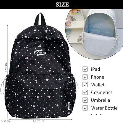 Cute Aesthetic Backpack Y2K Simple Heart Star Print Kawaii Backpacks Travel Laptop Rucksack Backpack for Women (Black) - color: Black