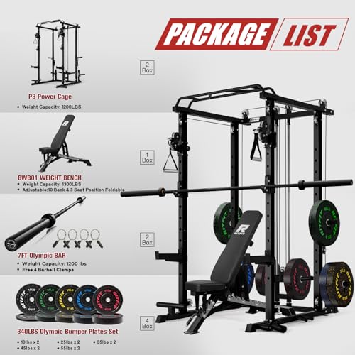 RitFit Multi-Function Garage & Home Gym Package Includes 1200LBS Power Cage PPC03/P3 with Cable Crossover System, Weight Bench, Olympic Barbell Weight Set, Full Body Workout - color: Black, style: Package 2.0K (with FBP 340lbs Plates)
