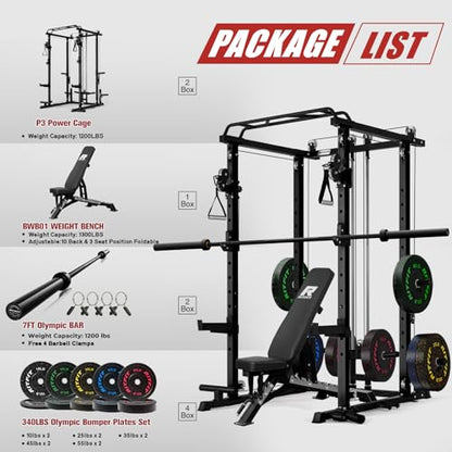 RitFit Multi-Function Garage & Home Gym Package Includes 1200LBS Power Cage PPC03/P3 with Cable Crossover System, Weight Bench, Olympic Barbell Weight Set, Full Body Workout - color: Black, style: Package 2.0K (with FBP 340lbs Plates)