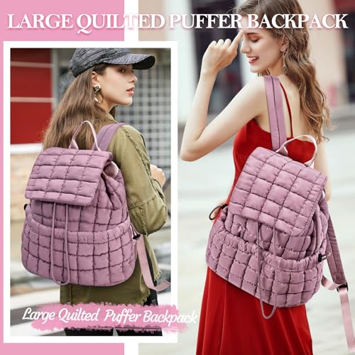 Quilted Puffer Backpack for Women Lightweight Soft Puffy Backpack Purse Casual Daily Drawstring Flap Daypack (Dark Purple) - color: Dark Purple
