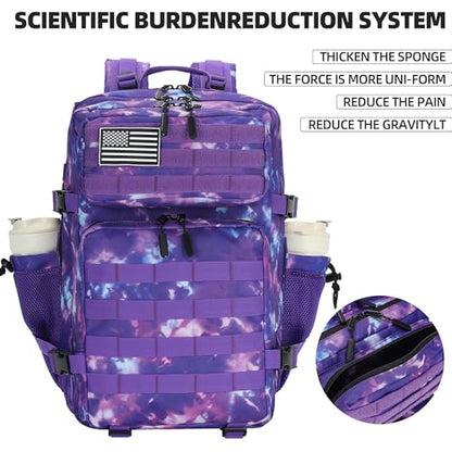 45L Military Tactical Backpack Hiking Backpacks Tactical Gear Camo Back Pack Army Molle Bag Rucksack Fitness Daypack - color: Purple Tie Dye