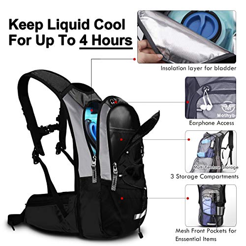 Mothybot Hydration Pack, Insulated Hydration Backpack with 2L BPA Free Water Bladder and Storage, Hiking Backpack for Men, Women, Kids for Running, Cycling, Camping - Keep Liquid Cool up to 5 Hours - color: Black
