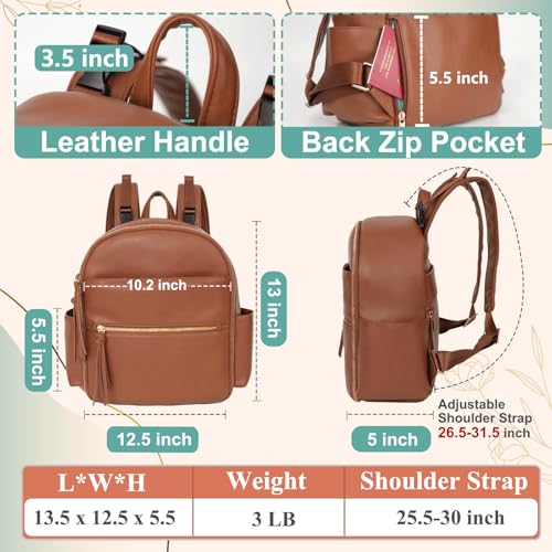 MOMINSIDE Small Diaper Bag Backpack, Mini Diaper Bag with 11 Pockets, Leather diaper backpack, Baby Diaper Bag for Baby Girls, 2 Insulated Pockets, Stroller Straps (Brown)
