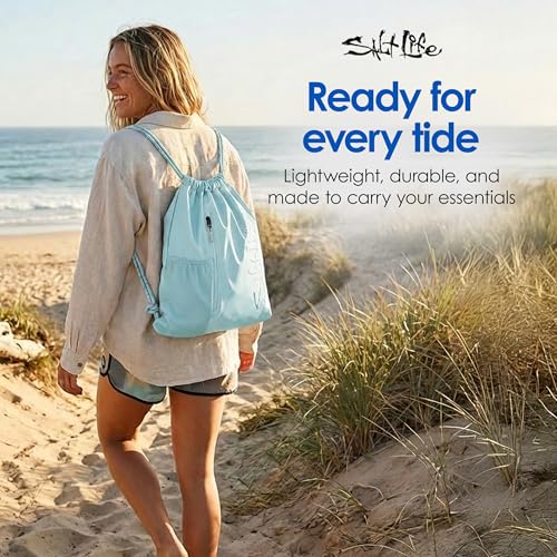 Salt Life Drawstring Backpack for Men and Women - Small Draw String Cinch Gym Bag with Water Bottle Pocket and Zipper Pocket - color: Retro Blue