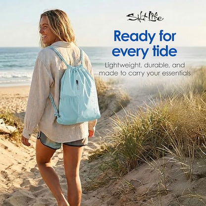 Salt Life Drawstring Backpack for Men and Women - Small Draw String Cinch Gym Bag with Water Bottle Pocket and Zipper Pocket - color: Retro Blue