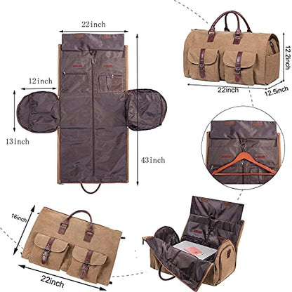 seyfocnia Convertible Travel Garment Bag,Carry on Garment Duffel Bag for Men Women - 2 in 1 Hanging Suitcase Suit Business Travel Bag - color: Brown-two pockets-Canvas