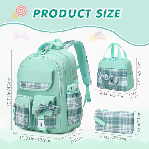 GeeWin School Backpack for Girls, Bookbags Back Pack School Bag for Teen Girl Elementary Middle School Student, Cute Stylish Plaid Girls Backpack with Matching Insulated Lunch Bag & Pencil Bag (Green) - color: Green