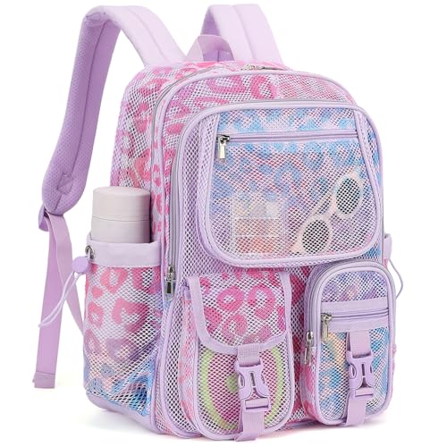 Leopard Purple Mesh Backpack for Girls Boys, Mesh Bookbags Heavy Duty Semi-Transparent School Bag for College, Travel, Beach, Swimming, Sports - color: Leopard Purple