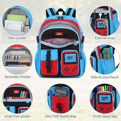 TILYTADLY 2‑IN‑1 School Backpack for Boys - Gamer Backpack for Boys with Waist Bag, 18″ Large Capacity Students Bag for Kids Children Teens Elementary Middle School - color: Red-blue Backpack Only