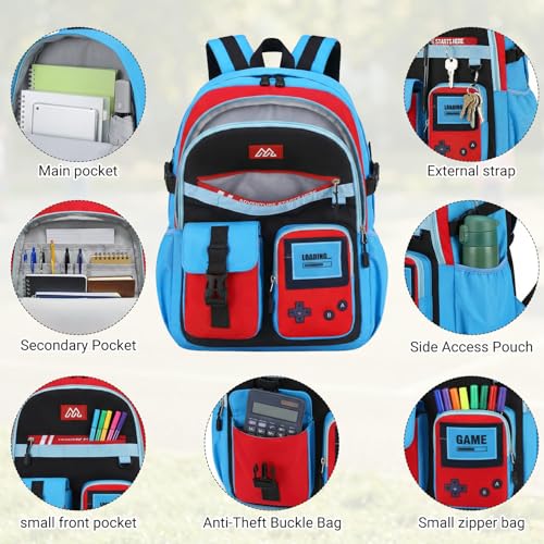 TILYTADLY 2‑IN‑1 School Backpack for Boys - Gamer Backpack for Boys with Waist Bag, 18″ Large Capacity Students Bag for Kids Children Teens Elementary Middle School - color: Red-blue Backpack Only