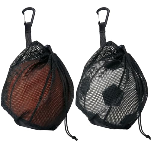2-3-4 Pack Single Ball Bag for Basketball Soccer Volleyball,12x10 Inch Mesh Storage with Zipper Pocket,Portable Adjustable Drawstring Ball Bag with Hanging Clip Fits Most Backpacks - color: Black-2P