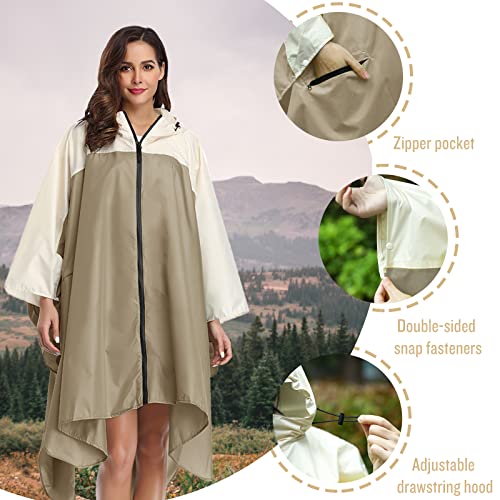 SaphiRose Unisex Rain Poncho Waterproof Raincoat Hooded for Adults Women with Pockets - color: A-khaki-white