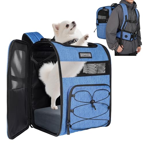 Hiking Dog Carrier Backpack, Padded Height-Enhancing Design, Adjustable Waist Cushioning Belt with Breathable Padded Back Support, Dog Carrier Backpack for Small Dogs Max 13LB Blue with Pad - color: Blue