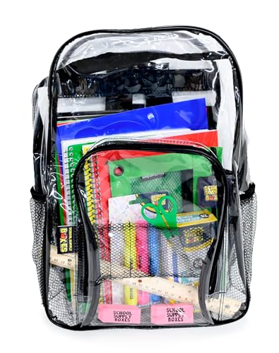 School Supply Boxes | 17" (Black or Clear) Backpack Bundle for (Elementary, Intermediate, or High School) (High School Pallet (180 Pack), Clear) - color: Clear, style: High School Pallet (180 Pack)
