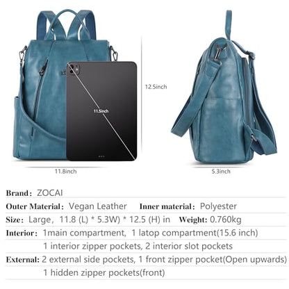 ZOCAI Backpack Purse for Women Medium Anti-Theft Backpacks Purses Design Leather Shoulder Bags with Removable Strap - color: Lake Blue