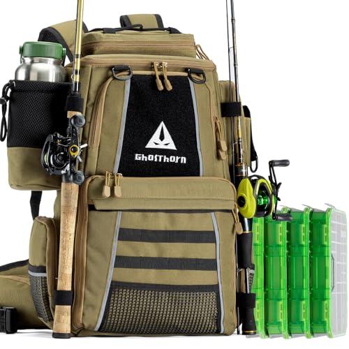 Ghosthorn Fishing Tackle Backpack with 4 3600 Tackle Boxes Rod Holder Outdoor 43L Large Bag with Detachable Wasit Bag Storage Fishing Gear and Equipment Waterproof - color: With 3600*4 Khaki (43l)