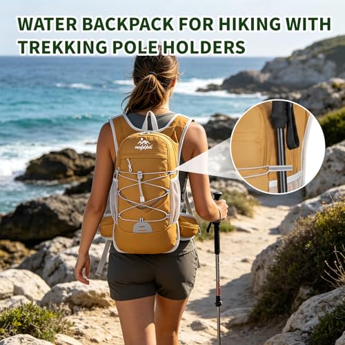 Hydration Backpack with 2L Water Bladder - 20L Water Backpack for Hiking, Cycling, Running, Biking, Lightweight Hiking Pack Bag for Women & Men with Trekking Pole Holders - color: yellow with 2L water bladder
