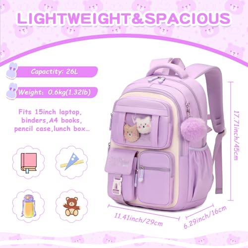 PIG PIG GIRL Kids Backpack for Girls School Bags for Middle School Students Book Bag for Elementary Primary Kawaii Ita Backpack, Purple and Beige - color: Purple and Beige
