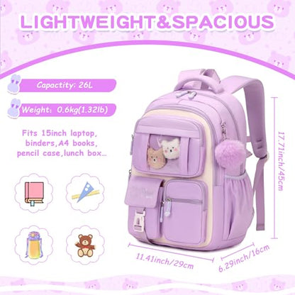 PIG PIG GIRL Kids Backpack for Girls School Bags for Middle School Students Book Bag for Elementary Primary Kawaii Ita Backpack, Purple and Beige - color: Purple and Beige