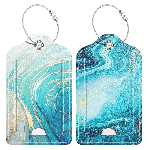 2 Pack PU Leather Luggage Tags for Suitcase, Travel Cruise Luggage Tag with Privacy Flap, Name ID Label and Metal Loop for Women Men Baggage Handbag School Bag Backpack, Blue Ocean Marble - color: Blue Ocean Marble, size: 2 Pack