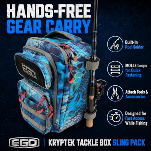 Ego Kryptek Tactical Fishing Sling Pack with 3 Tackle Trays, Camo | 1000D Nylon, Rod Holder, Molle Loops, Water Resistant Storage, Bottle Holder - color: Pontus, size: Sling Bag - Regular