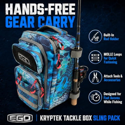 Ego Kryptek Tactical Fishing Sling Pack with 3 Tackle Trays, Camo | 1000D Nylon, Rod Holder, Molle Loops, Water Resistant Storage, Bottle Holder - color: Pontus, size: Sling Bag - Regular