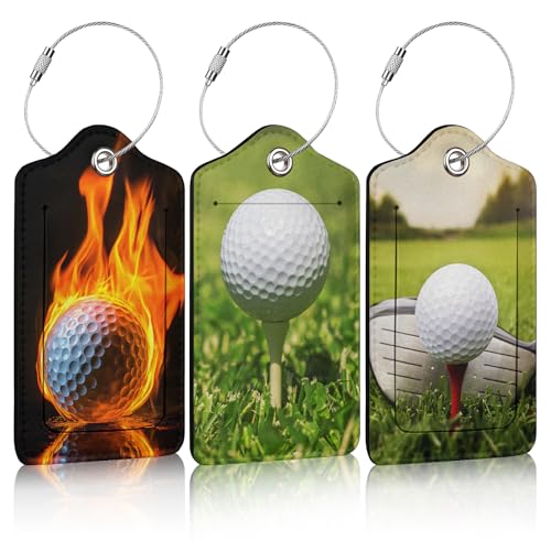 3 Pack Golf Ball Luggage Tags for Suitcase PU Leather Travel Luggage Tag Privacy Cover ID Label with Stainless Steel Loop for Women Men Baggage Backpack Handbag School Bag - color: Golf Ball