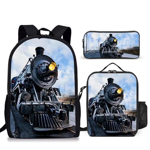 3PCS Train Print Backpack for Boys Girls Teens, School Backpack with Lunch Box Pencil Case for Elementary Middle High Students, 17 Inch Lightweight Bookpack 3 in 1 Set Back to Shool Gifts for Kids - color: Train
