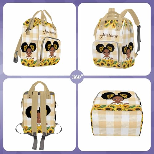 Newcos Personalized Sunflower Mommy Nursing Baby Bags Custom Afro Princess Diaper Bag Backpack with Name Customized Large Nappy Bags for Women - color: 230112-17