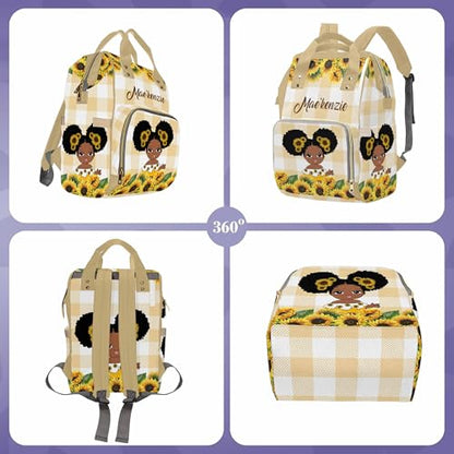 Newcos Personalized Sunflower Mommy Nursing Baby Bags Custom Afro Princess Diaper Bag Backpack with Name Customized Large Nappy Bags for Women - color: 230112-17