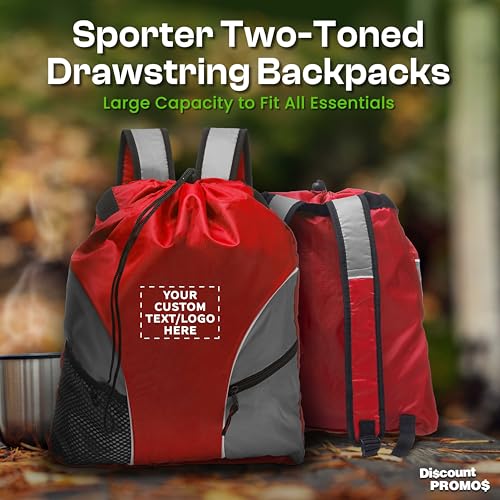 DISCOUNT PROMOS Custom Sporter Drawstring Backpacks Set of 6/12/24, Personalized Bulk Pack - Compact, Lightweight, Unisex Backpack - Red - color: - Custom - Red, size: 6/12/24