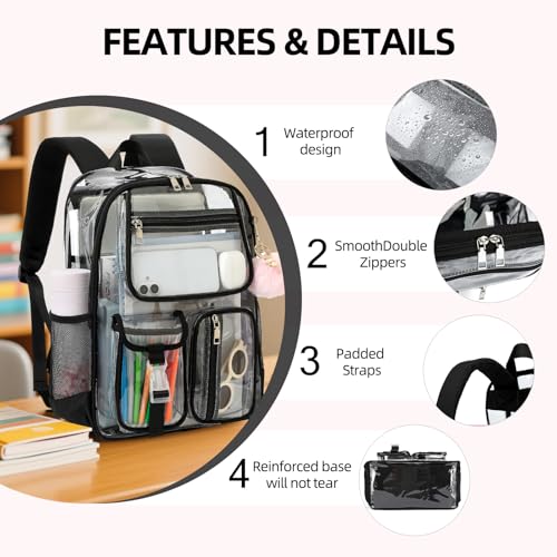 Clear Backpacks for Girls Boys, Heavy Duty PVC Transparent School Bookbag See Through Back Pack for College Work Travel (Black) - color: Black