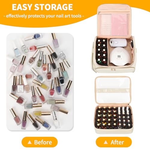CUBETASTIC Extra Large Nail Polish Organizer Case Holds 86 to 100+ Bottles Nail Polish & Nail Lamp, Nail Supplies Storage Carrying Bag with 2 Removable Pouches - color: Beige