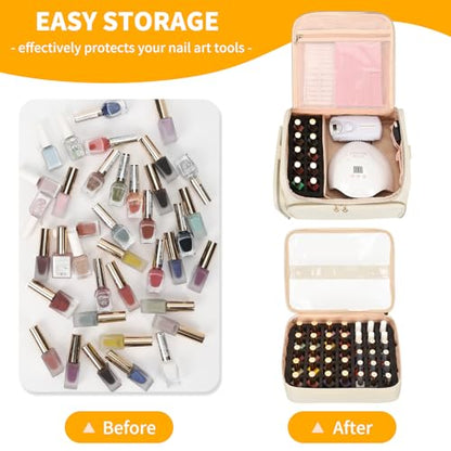 CUBETASTIC Extra Large Nail Polish Organizer Case Holds 86 to 100+ Bottles Nail Polish & Nail Lamp, Nail Supplies Storage Carrying Bag with 2 Removable Pouches - color: Beige