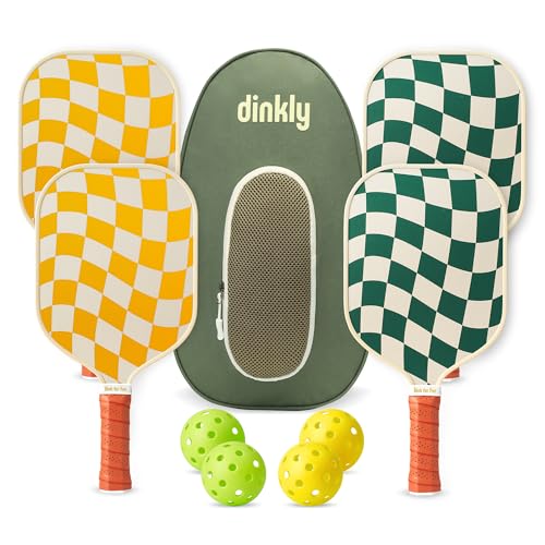 Pickleball Paddles Set of 2/4- USAPA Approved Graphite/Fiberglass Pickleball Racket, 2 Pickleball Rackets, 4 Balls and 1 Portable Carry Bag, Aesthetic Pickle Ball Set for Men Women Beginners - color: 4 Wave Check | Dark Green | Graphite