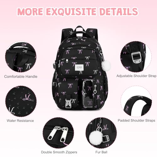 ACESAK Backpack for Girls - Girls Backpack with Lunch Bag & Pencil Pouch for Teen Kids Laptop Backpack for Women, Elementary Middle High School Bookbag Travel Daypack (Black Bow) - color: Black Bow
