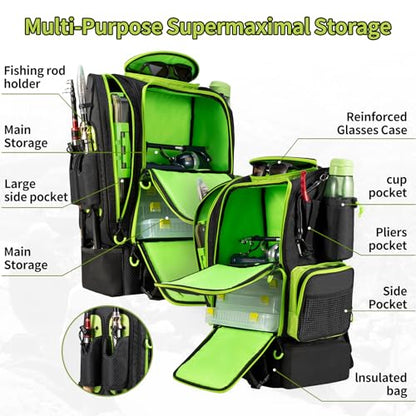 BLISSWILL Large Fishing Backpack with Cooler for 3 Tackle Boxes - Fishing Bag with Rod Holders for Camping and Hiking - color: Black