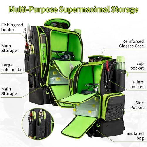 BLISSWILL Large Fishing Backpack with Cooler for 3 Tackle Boxes - Fishing Bag with Rod Holders for Camping and Hiking - color: Black