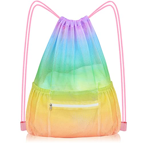 Mesh Drawstring Bag with Zipper Pocket, Beach Bag for Swimming Gear Backpack Gym Storage Bag for Adult - color: Rainbow