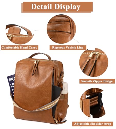 myfriday PU Leather Large Backpack Purse for Women Casual Travel Backpack Convertible Satchel Handbags With Luggage Strap (Brown) - color: Brown