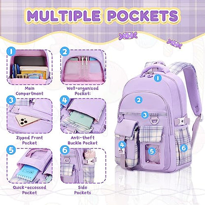PIG PIG GIRL Girls Backpack, Lightweight Kids Backpack Kawaii School Backpacks Bookbag for Primary Elementary School,Age 6-14 years,Purple(Luggage Strap Ver) - color: 1pc-purple(luggage Strap Ver)